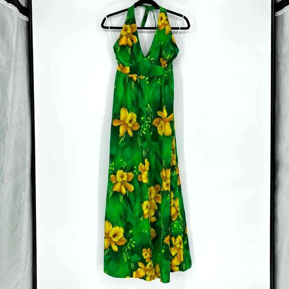 Beautiful Hawaii Wear Dresses & Skirts - Vintage 70s Green & Yellow Hawaiian Print Halter Maxi Dress - Size S